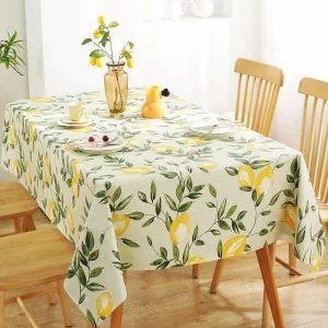 Lemon & Leaf Pattern Waterproof Tablecloth, PVC Table Cover For Dining Room Multicolor