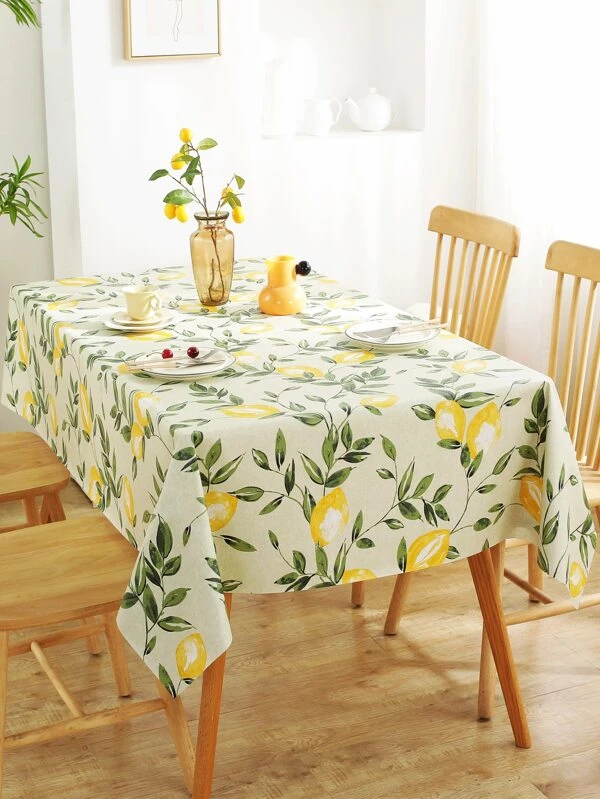 Lemon & Leaf Pattern Waterproof Tablecloth, PVC Table Cover For Dining Room Multicolor