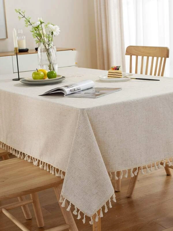 1pc Solid Tassel Decor Tablecloth Beige