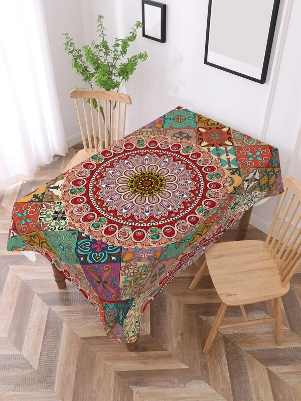 1pc Mandala Pattern Tablecloth, Boho Polyester Decorative Fabric Table Cover For Dining Table Multicolor