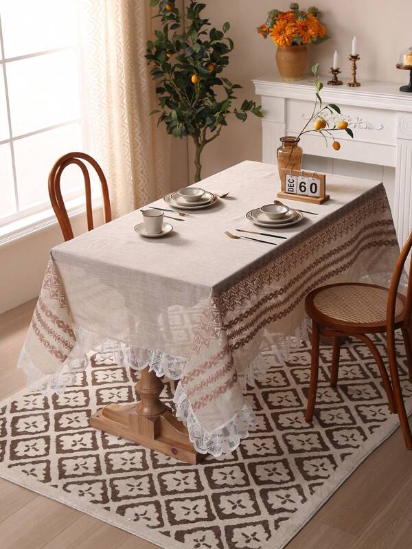 1pc Beige Linen Embroidered Tablecloth With Lace Trim For Coffee Table, Kitchen Or Dining Table Decor Beige