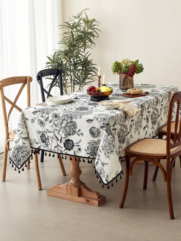 New Black Pom-Pom Linen American Nordic Style Tablecloth With Tassels, Suitable For Coffee Table Or Dining Table Black and White