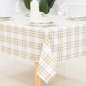 1pc Homestead Plaid TableCloth, 100% Cotton Fall Thanksgiving Halloween Durable Washable For Table Decoration Beige and White