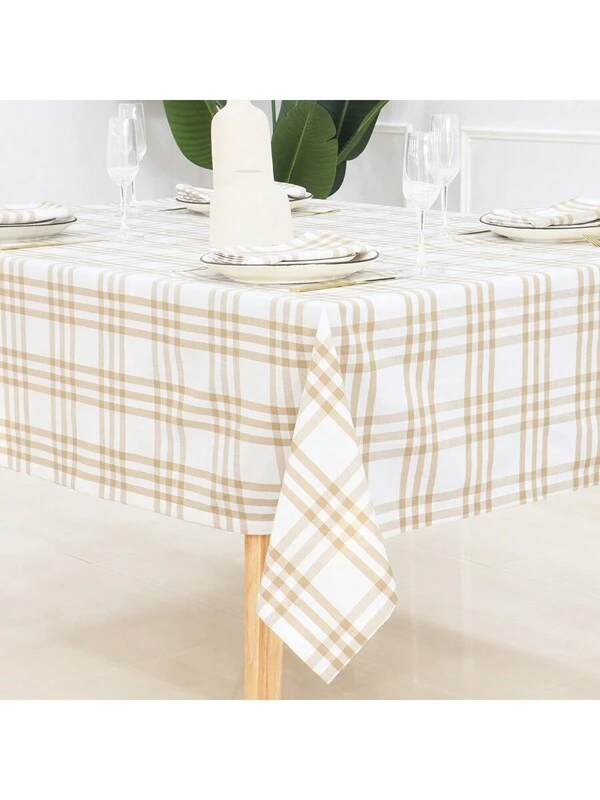 1pc Homestead Plaid TableCloth, 100% Cotton Fall Thanksgiving Halloween Durable Washable For Table Decoration Beige and White