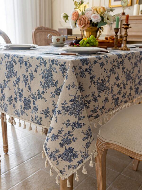 1pc Vintage Blue Rose Floral Tassel Table Cloth, Bedside Cabinet Tablecloth, Coffee Table Decor Cover, Suitable For Farmhouse Home Decor, Dining Room, Kitchen, Dinner, Party, Holiday, Thanksgiving, Wedding Multicolor