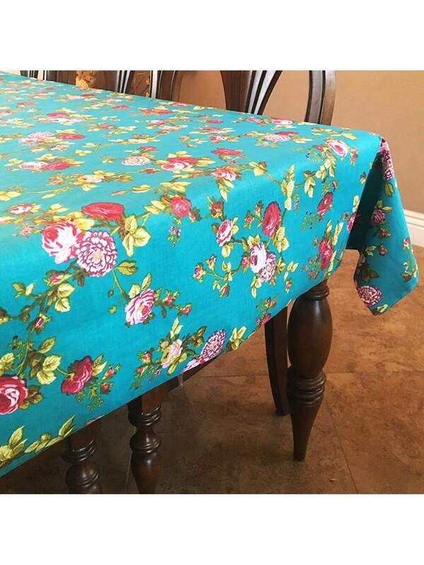 Vintage Floral Large Roses Print Tablecloths Teal