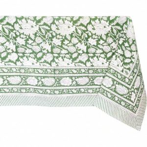 Meraki Green 100% Cotton Summer Tablecloth, Block Print Rectangle Washable Table Cover - Dining, Parties, Outdoors, Weddings, Grand Millennial Decor 60 X 90 Inches I 6 Seater Meraki Green