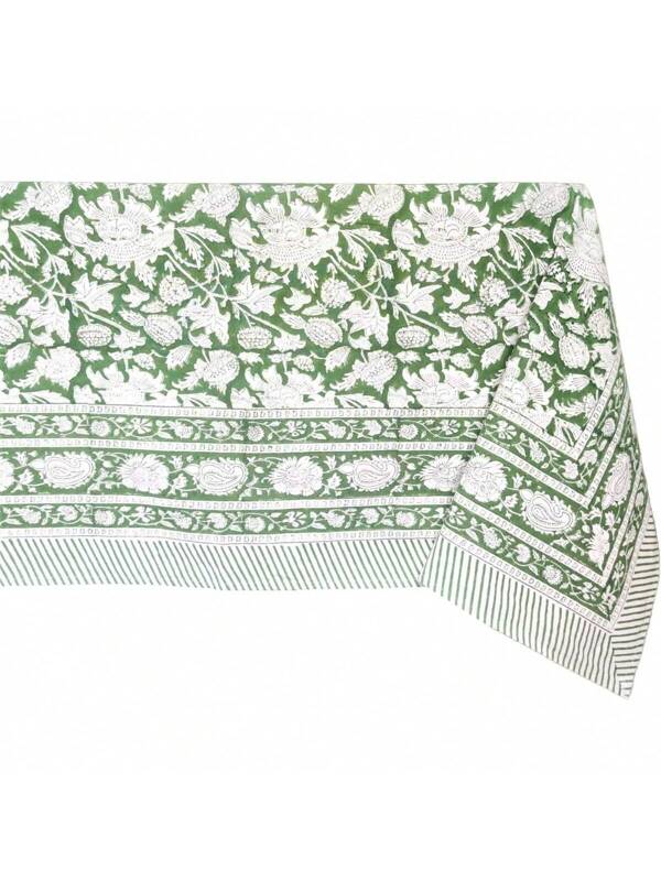 Meraki Green 100% Cotton Summer Tablecloth, Block Print Rectangle Washable Table Cover - Dining, Parties, Outdoors, Weddings, Grand Millennial Decor 60 X 90 Inches I 6 Seater Meraki Green