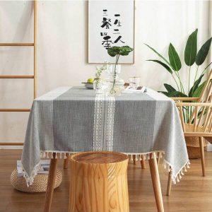 High Quality Handmade Rectangle Cotton And Linen Tablecloth With Finished Edges, Intricate European-Style Detailing, Hand Stamped Batik, Durable And Elegant, Perfect For Indoor/Outdoor Decor, Brown, Available In 54"X80" And 54"X86" Sizes Grey