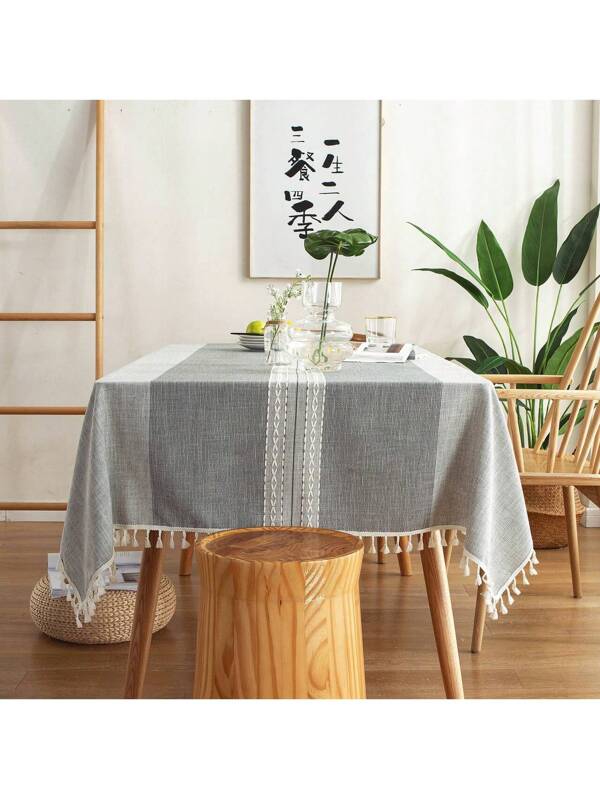 High Quality Handmade Rectangle Cotton And Linen Tablecloth With Finished Edges, Intricate European-Style Detailing, Hand Stamped Batik, Durable And Elegant, Perfect For Indoor/Outdoor Decor, Brown, Available In 54"X80" And 54"X86" Sizes Grey