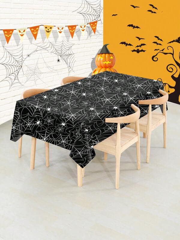 1Pc Halloween Spider Web Tablecloth, Black, White, Purple, Orange, A Variety Of Optional Peva Materials, Square Tablecloth, Disposable Tablecloth, Halloween Decorations, Holiday Decorations, Halloween Party Tablecloth Halloween Party 1pc 54*108inch