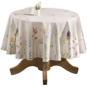 Tablecloth 100% Cotton 69" Diameter Washable Round Table Cover Decorative Tablecloths, Dining, Buffet Parties & Camping, Botanical Fresh - Spring/Summer White