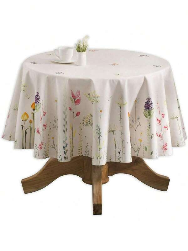 Tablecloth 100% Cotton 69" Diameter Washable Round Table Cover Decorative Tablecloths, Dining, Buffet Parties & Camping, Botanical Fresh - Spring/Summer White