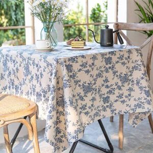 1PC Blue Floral Pastoral Table Cloth Linen Vintage Tablecloth, Indoor Outdoor Table Cover Suitable For Party,Picnic,Dining,Garden Multicolor