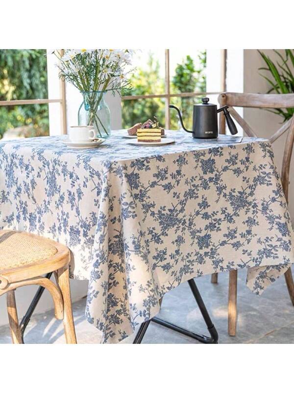 1PC Blue Floral Pastoral Table Cloth Linen Vintage Tablecloth, Indoor Outdoor Table Cover Suitable For Party,Picnic,Dining,Garden Multicolor