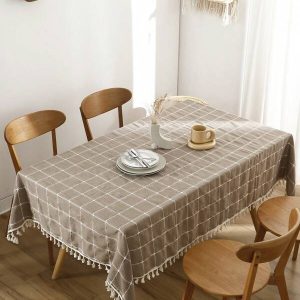 1pc Khaki Plaid Tassel Tablecloth, Rustic Linen Dust-Proof Wrinkle-Resistant Fade-Resistant Spill-Proof Table Cover, Suitable For Kitchen Dinner, Dining Room Decor, Holiday Party Dinner Fabric Table Topper Khaki